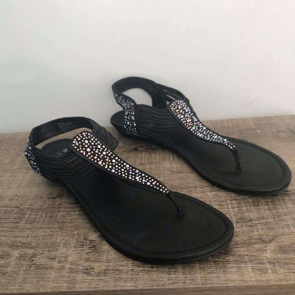 Women’s 10M COACH INDIA ST Black Slip On Strappy Rhinestone Bling Thong Sandals